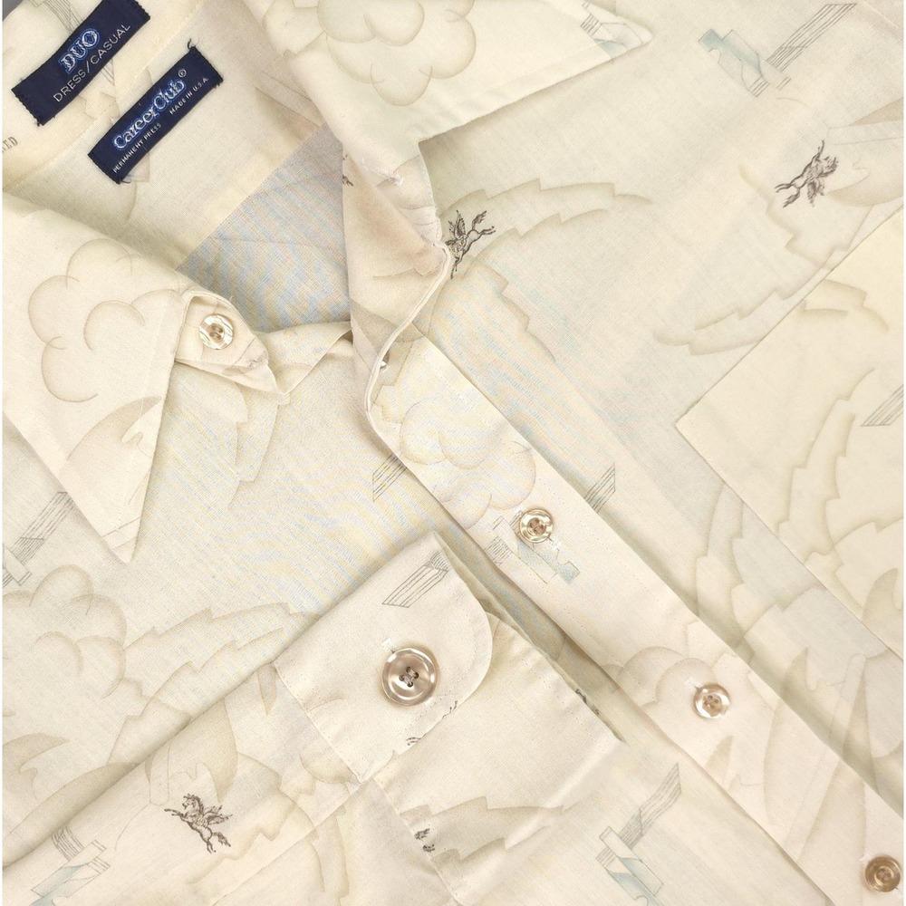 Vintage Career Club Shirt Mens‎ Beige Pegasus Print Tapered Disco 70s Union USA